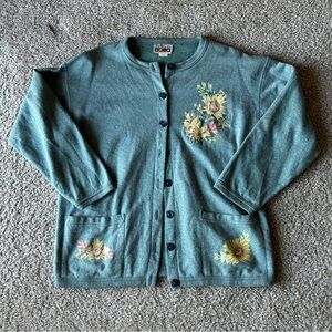 VTG 2000s Y2K The Woods Fleece Lined Cardigan‎ Sage Green Sunflower Pockets